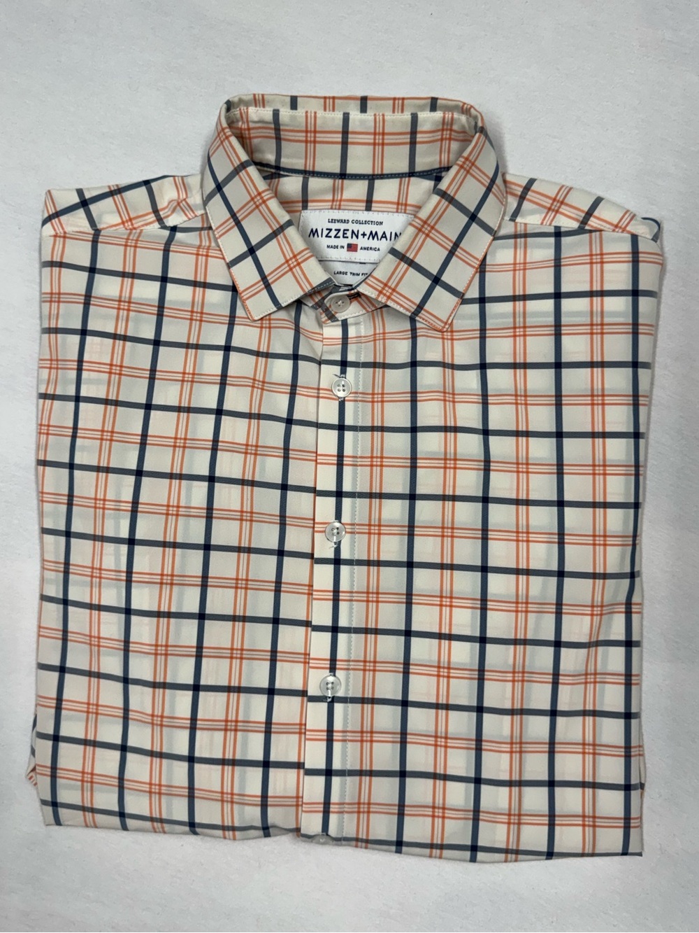 NEW Mizzen Main Shirt Men L Orange Windowpane Plaid Leeward Trim Fit Performance